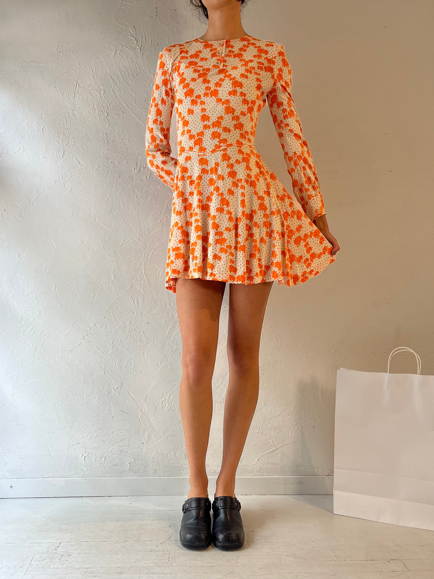 60s 'Bobbie Brooks' Orange Elephant Long Sleeve Mini Dress / Small