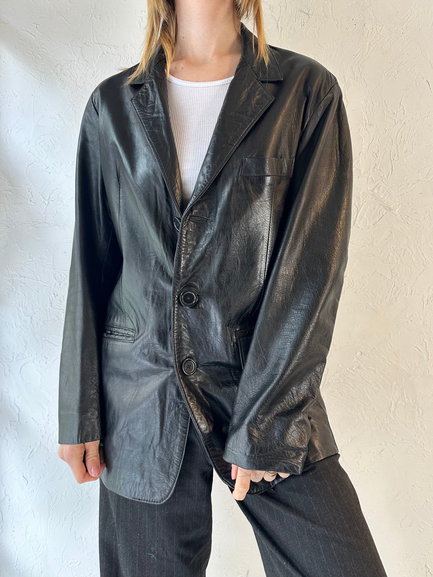 90s 'Real Leather' Oversized Leather Jacket / Medium