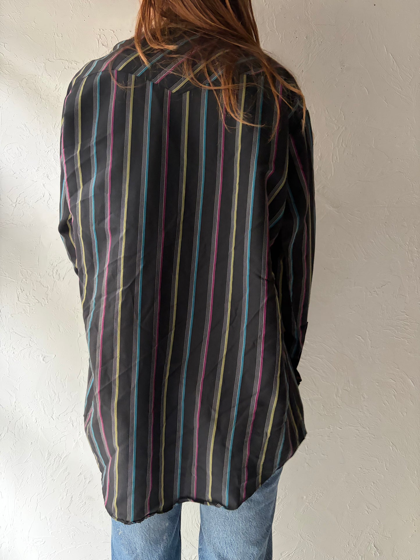 70s 'Ranch Wear' Black Striped Western Snap Up Shirt / Vintage 1970s Cowboy Workwear Shirt / Large