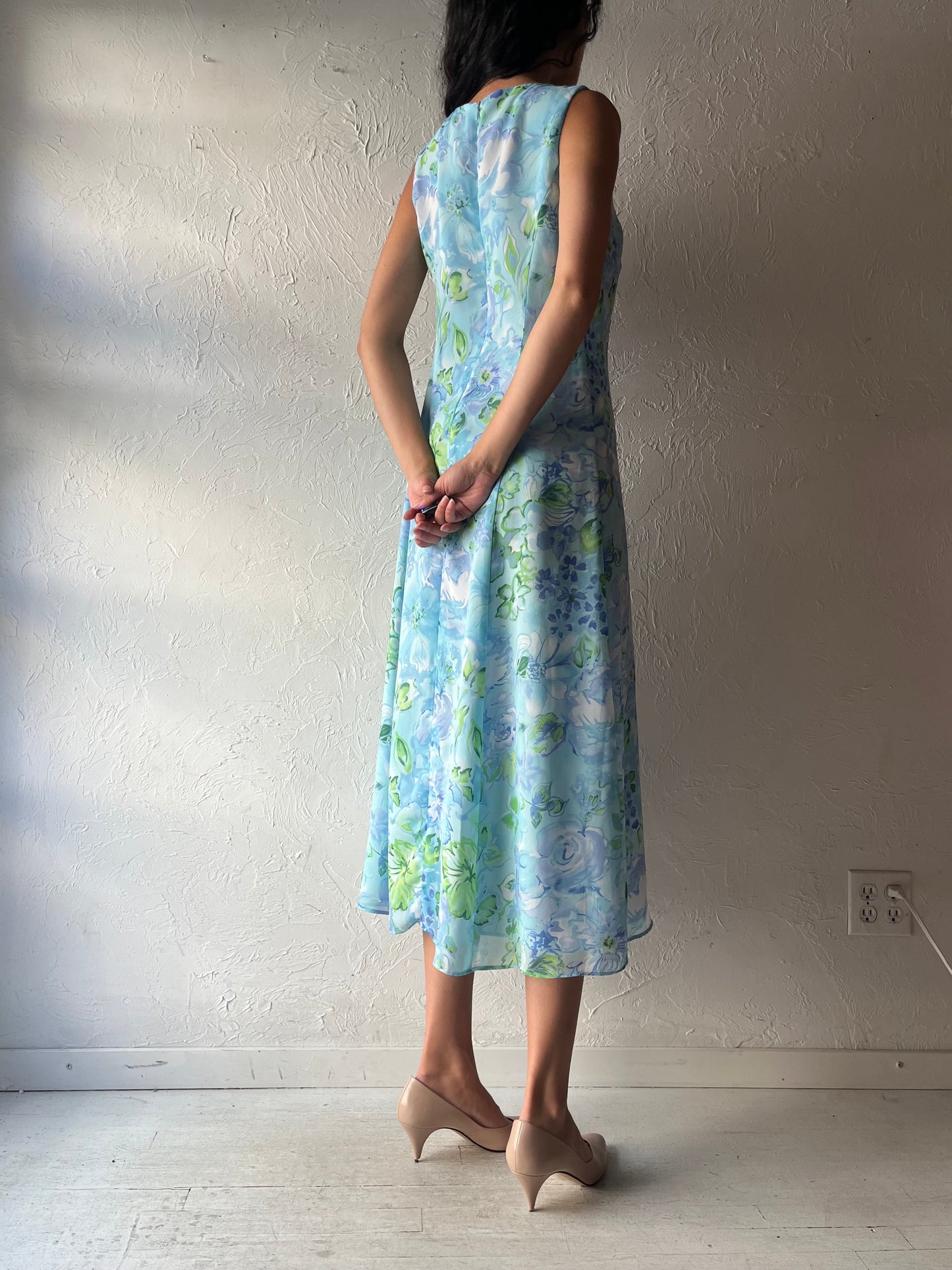 90s 'Danny & Nicole' Blue Floral Midi Dress / Medium