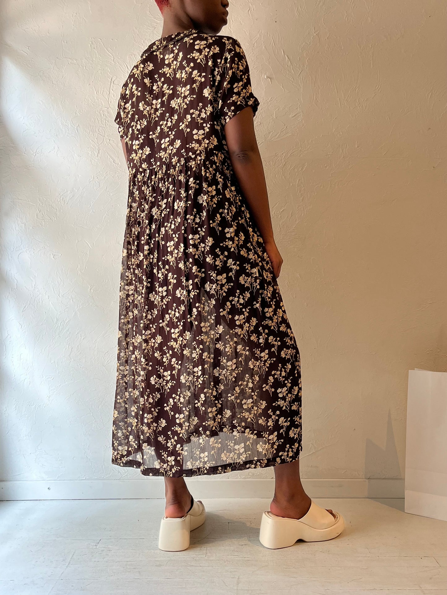 90s 'April Cornell' Brown Floral Print Rayon Midi Dress / Large