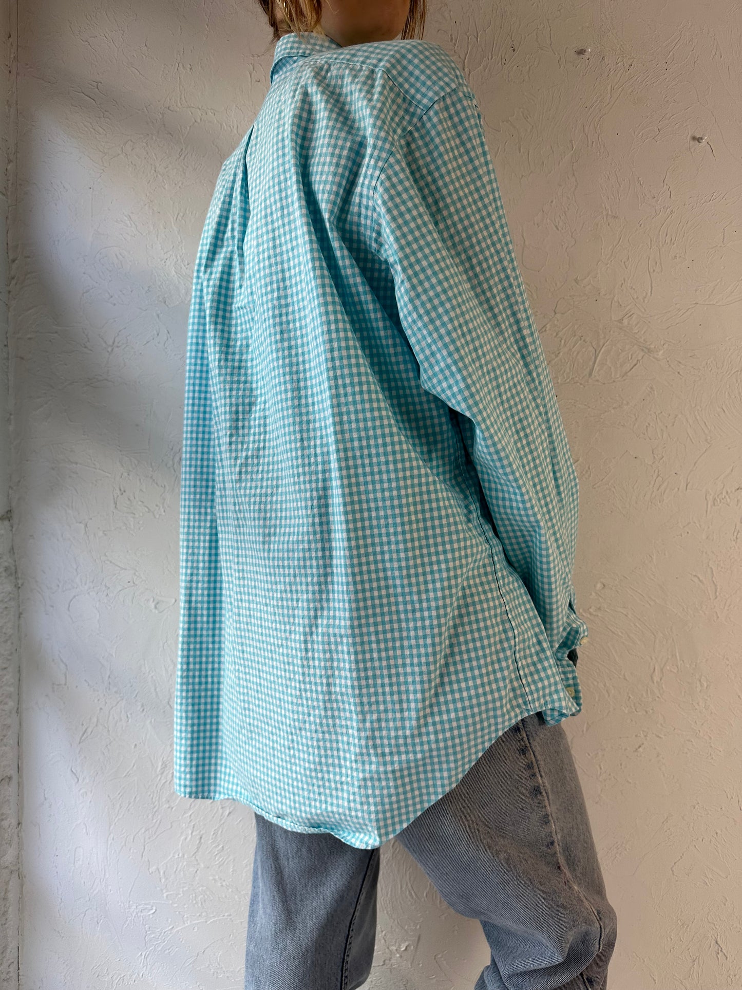 Y2k 'Ralph Lauren' Blue Gingham Cotton Shirt / XL