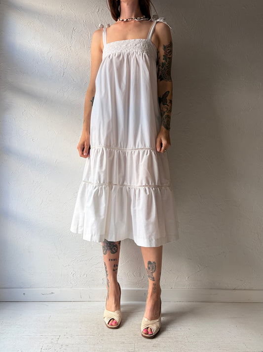 Vintage Handmade Tiered White Cotton Midi Dress / Small