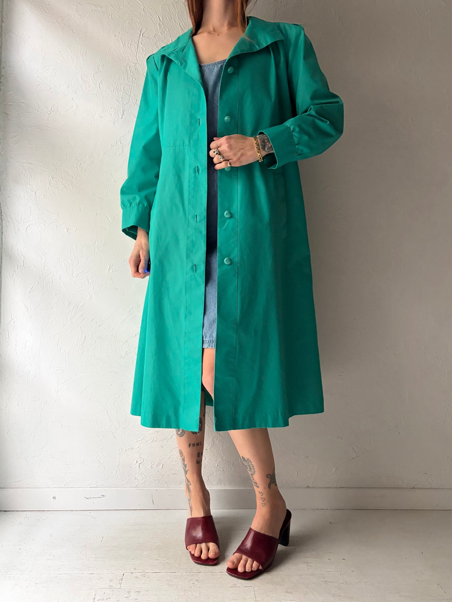 90s 'J. Gallery' Green Trench Coat / Vintage 90s Retro Minimalist Long Rain Jacket / Small