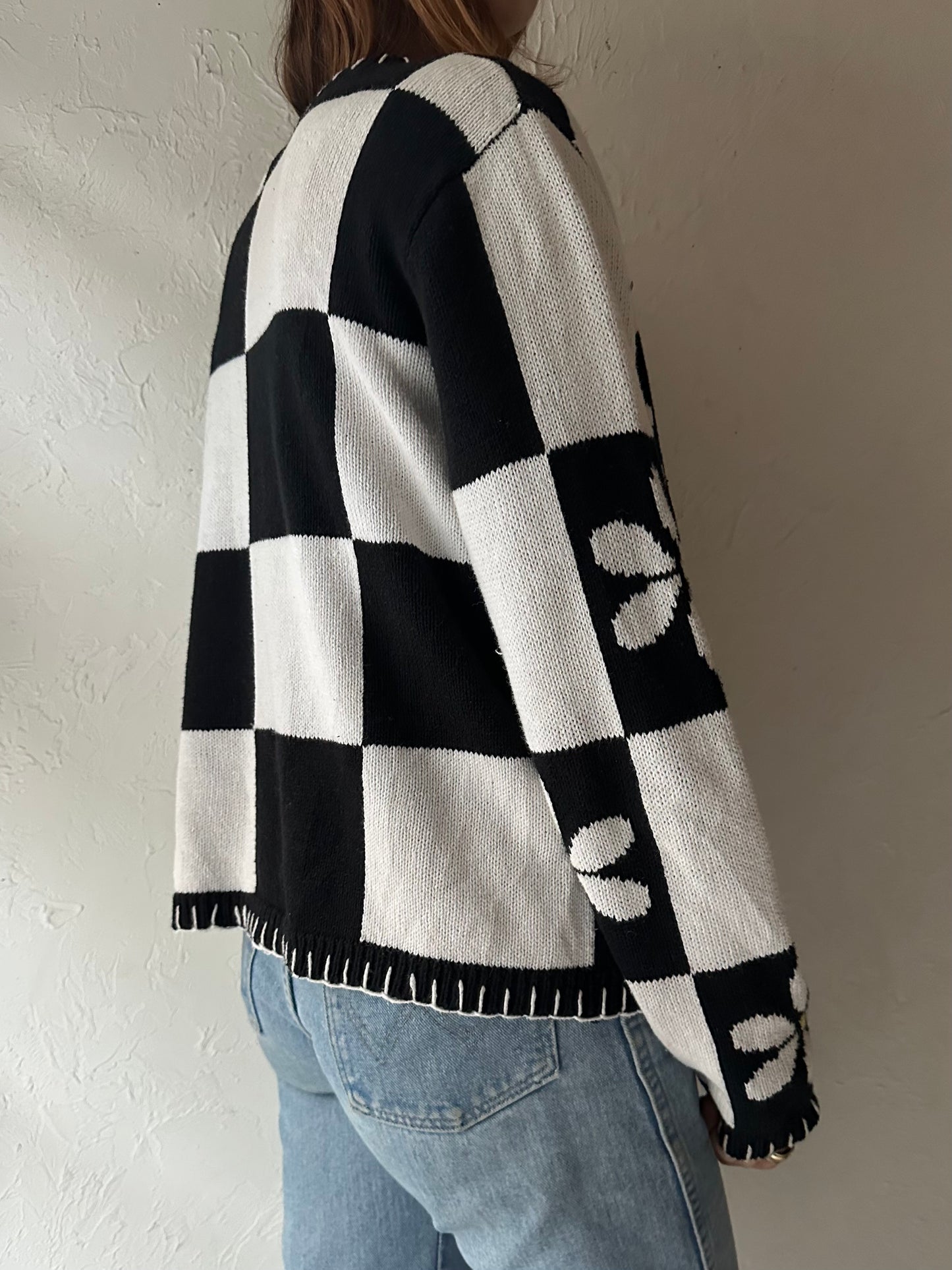90s 'Willow Ridge' Checker Flower Sweater / Medium