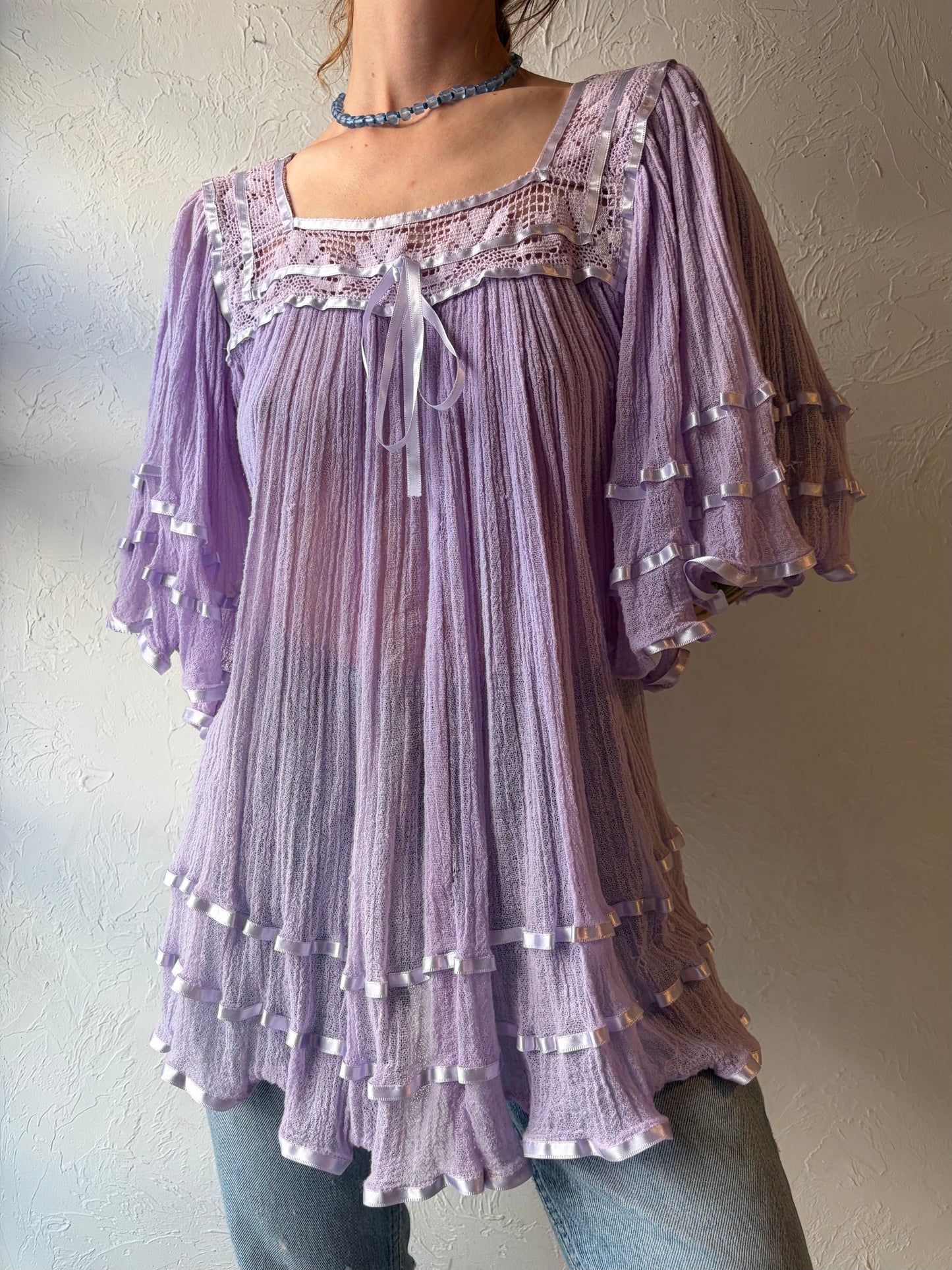 70s Purple Cotton Gauze Romantic Ruffle Boho Hippie Top / Meidum