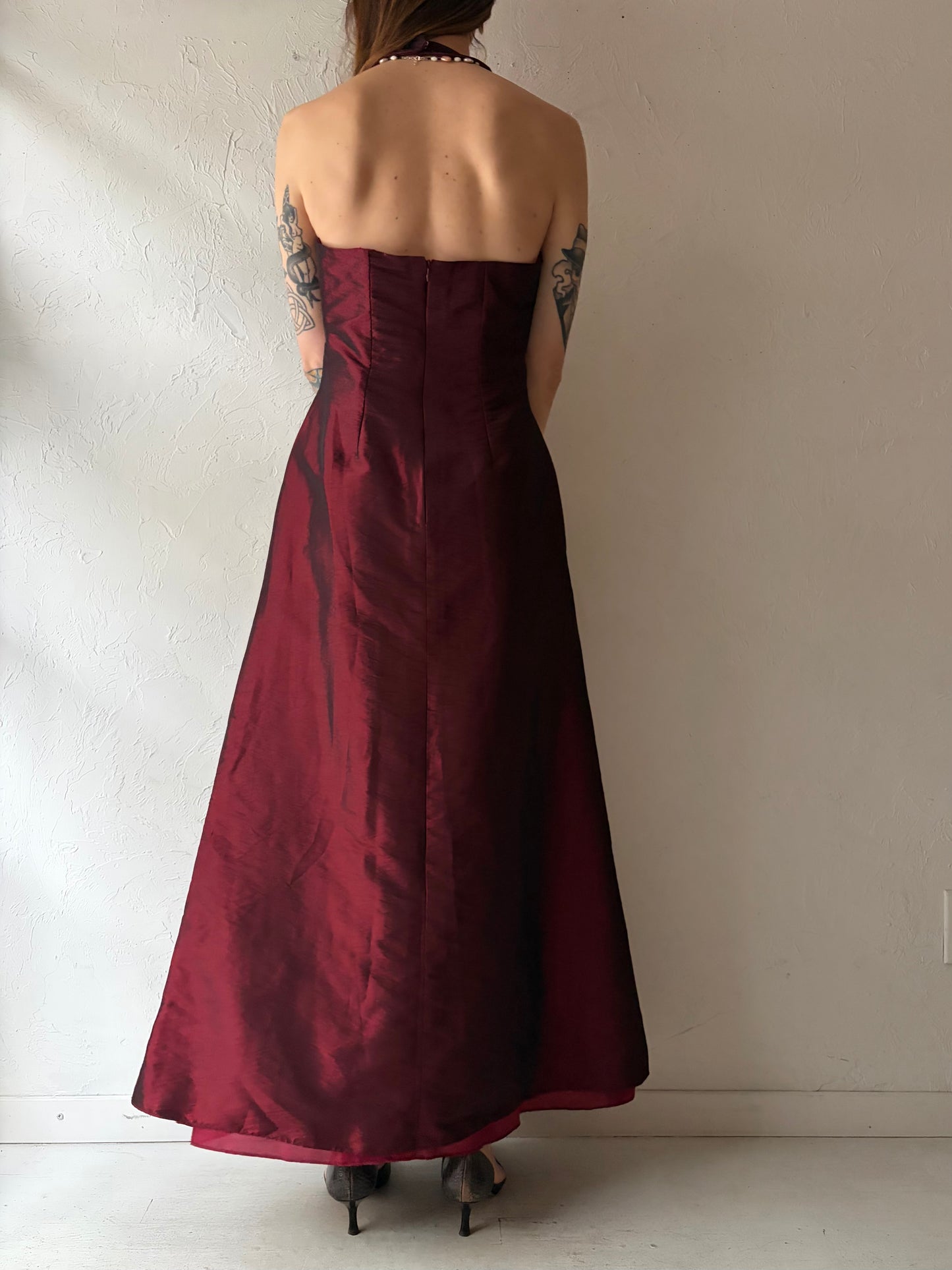 Y2k Vintage Red Metallic Formal Prom Halter Maxi Dress / Medium