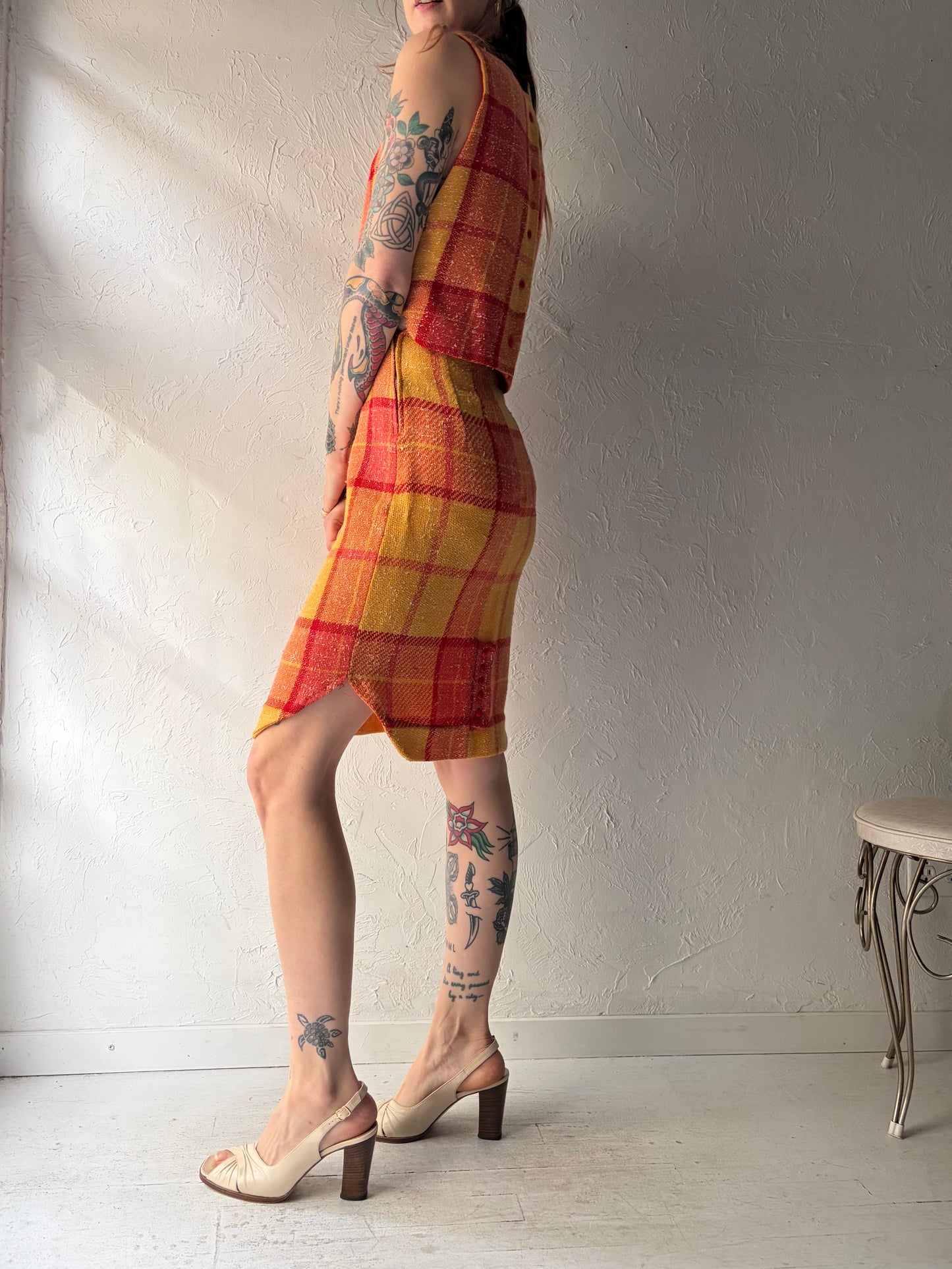 60s Handmade Plaid Skirt and Top Set / XS