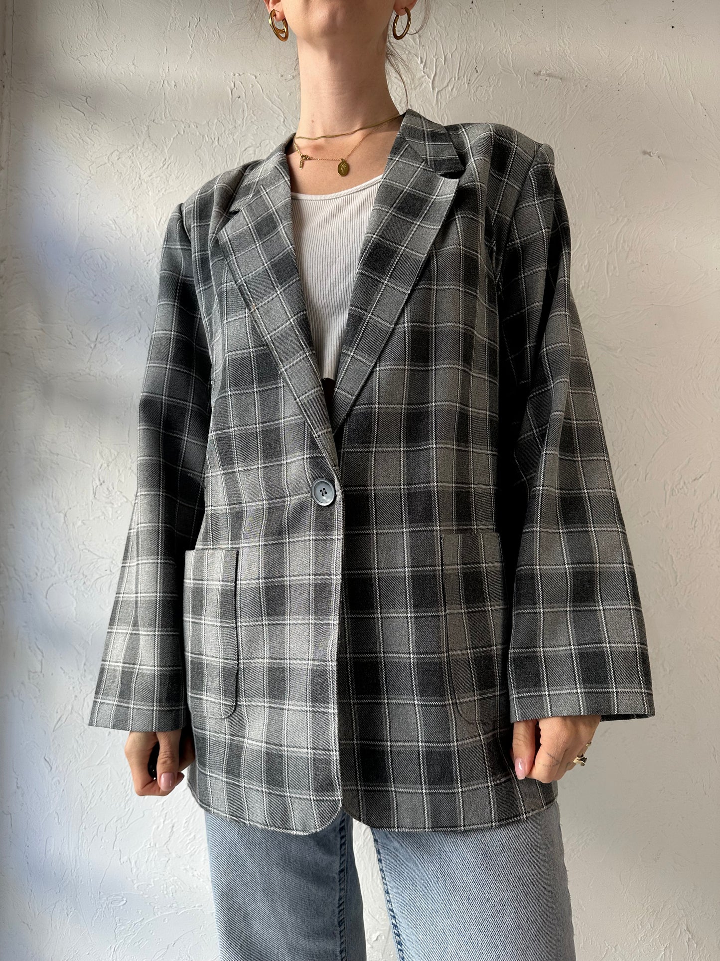 90s 'Lawrence' Gray Plaid Blazer Jacket / Large