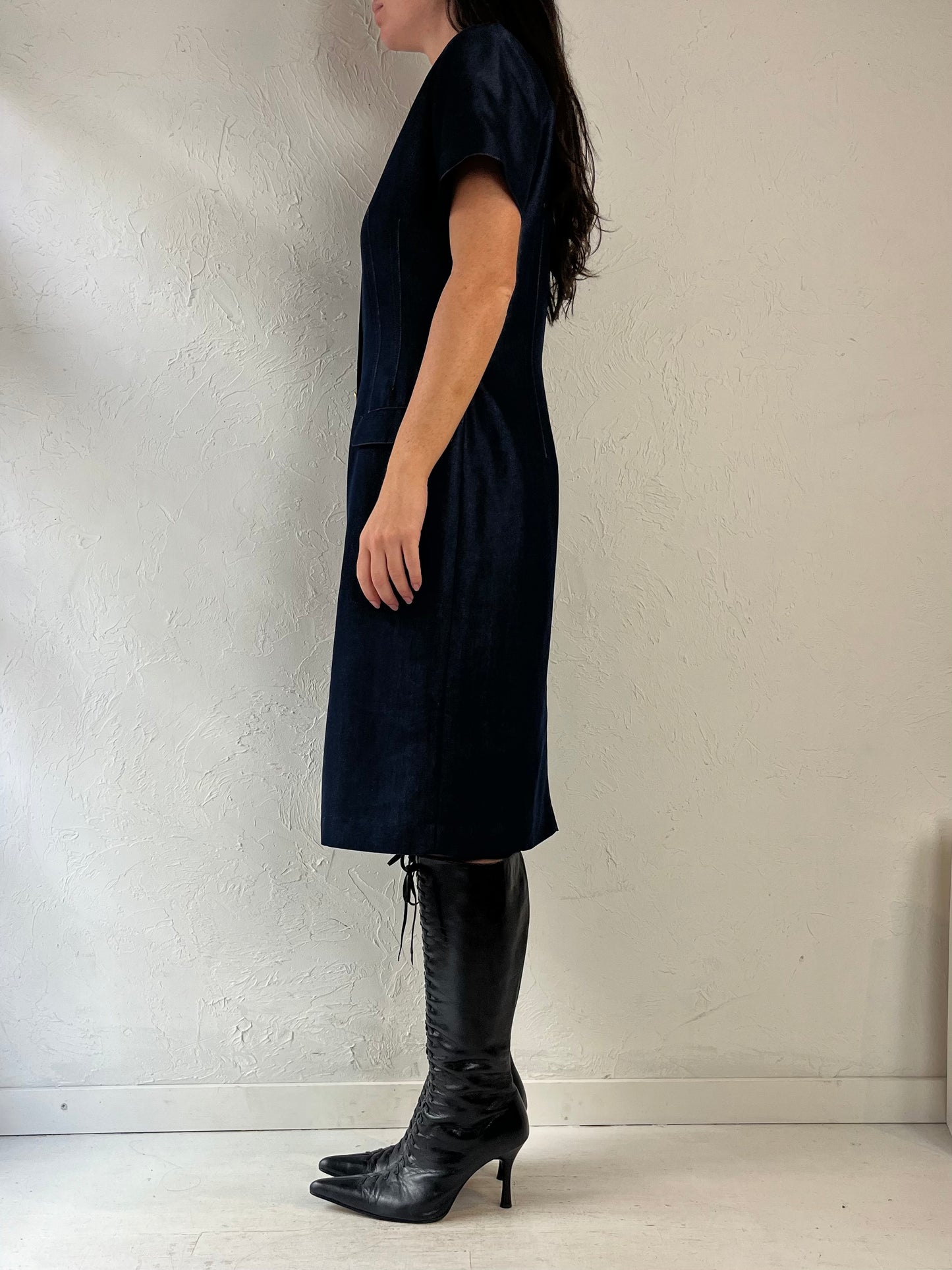 90s 'Saks Fifth Ave' Navy Blue Button Up Collared  Dress / Medium