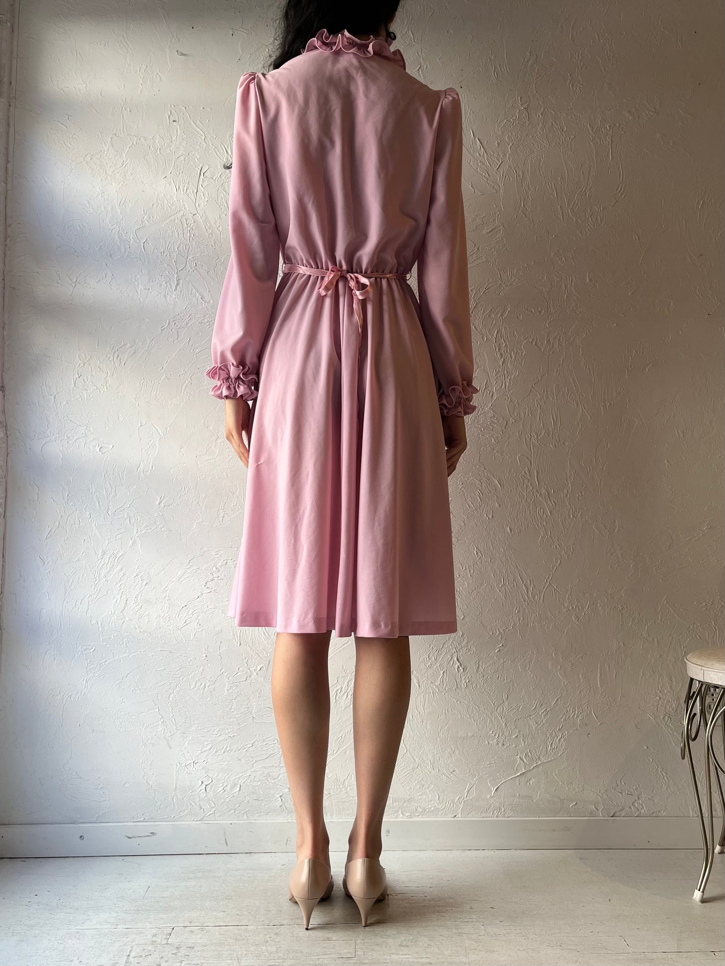 80s 'Lady Carol' Pink Ruffle Long Sleeve Dress / Medium