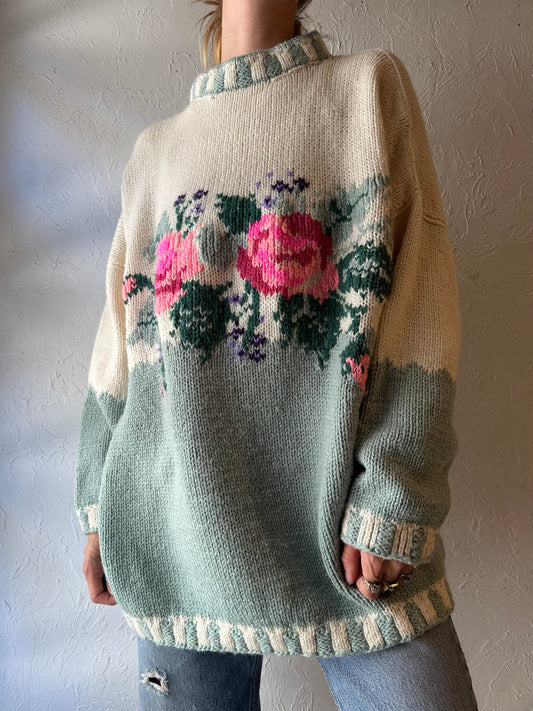 90s Oversized Floral Acrylic Knit Sweater / Medium