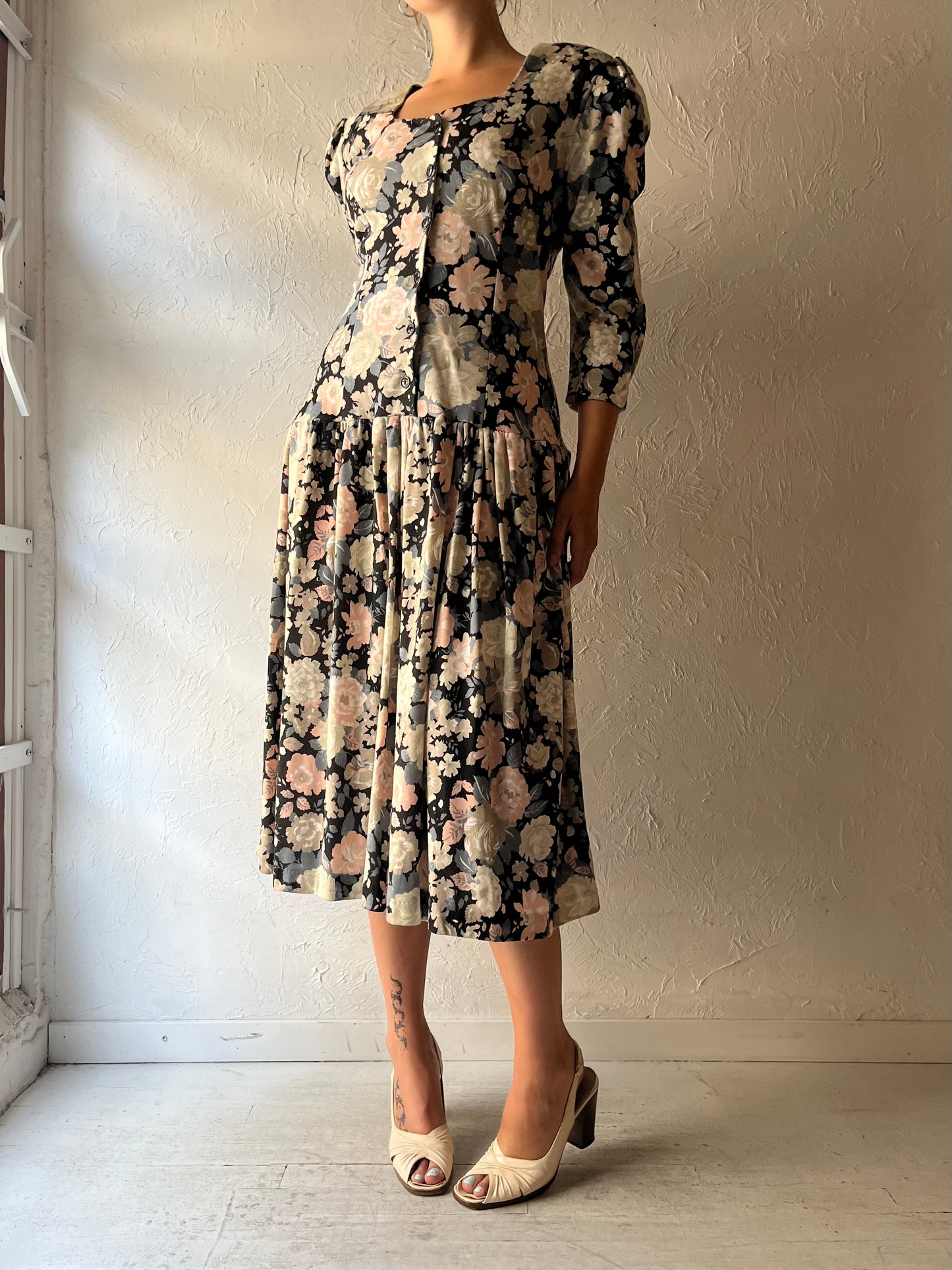 Vintage 'Savannah ' Floral Print Drop Waist Dress / Medium