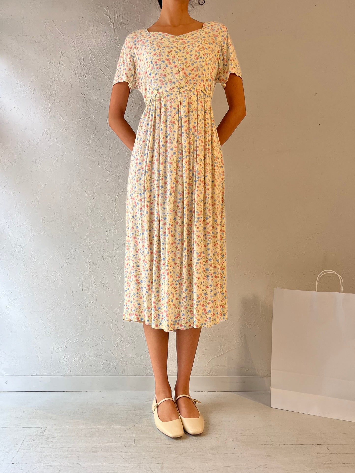 90s 'Erika' Pale Yellow Floral Print Rayon Dress / Medium