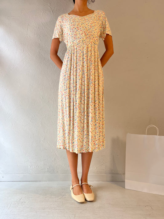 90s 'Erika' Pale Yellow Floral Print Rayon Dress / Medium