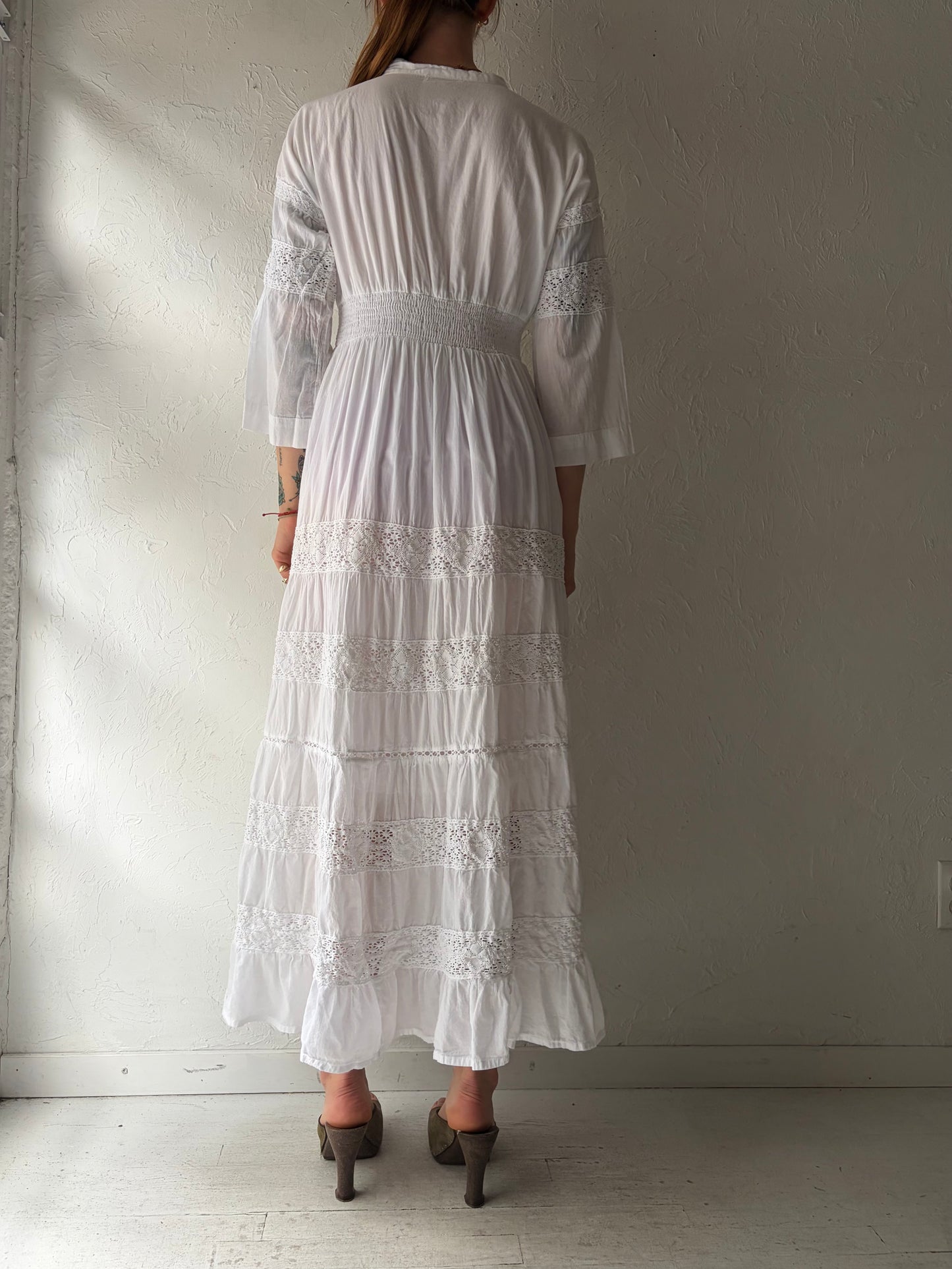 Vintage 'Magic' White Cotton Crochet Hippie Maxi Dress / Medium