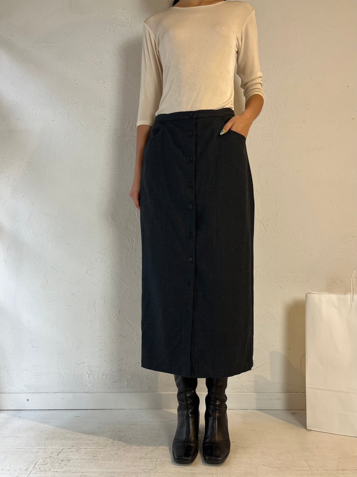 Y2K ‘J Crew’ Gray Wool Button Up Midi Skirt / Medium