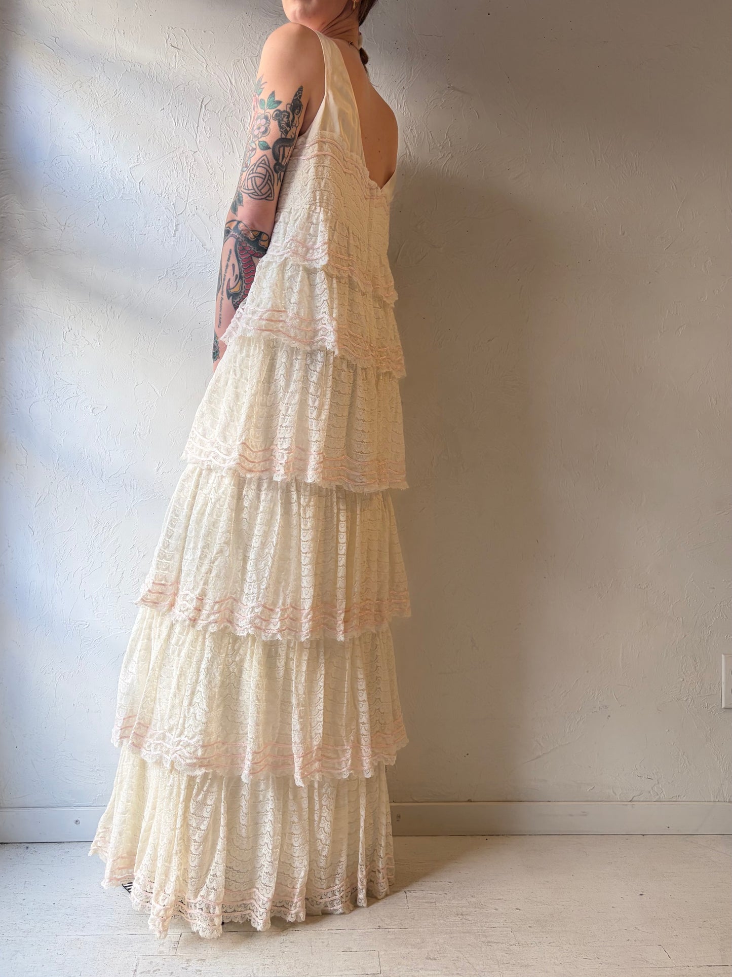 Vintage Tiered Lace Maxi Dress / Medium