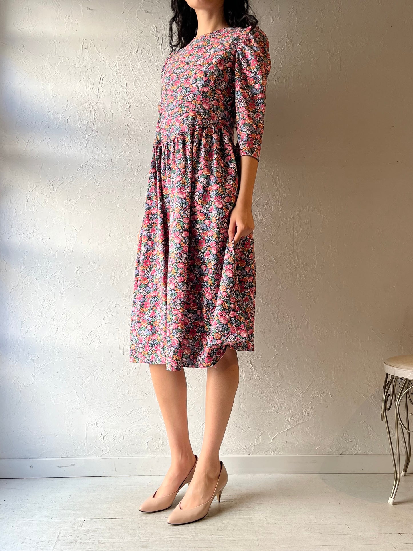 Vintage Floral Handmade Cottagecore Prairie Garden Party Summer Midi Dress / Small