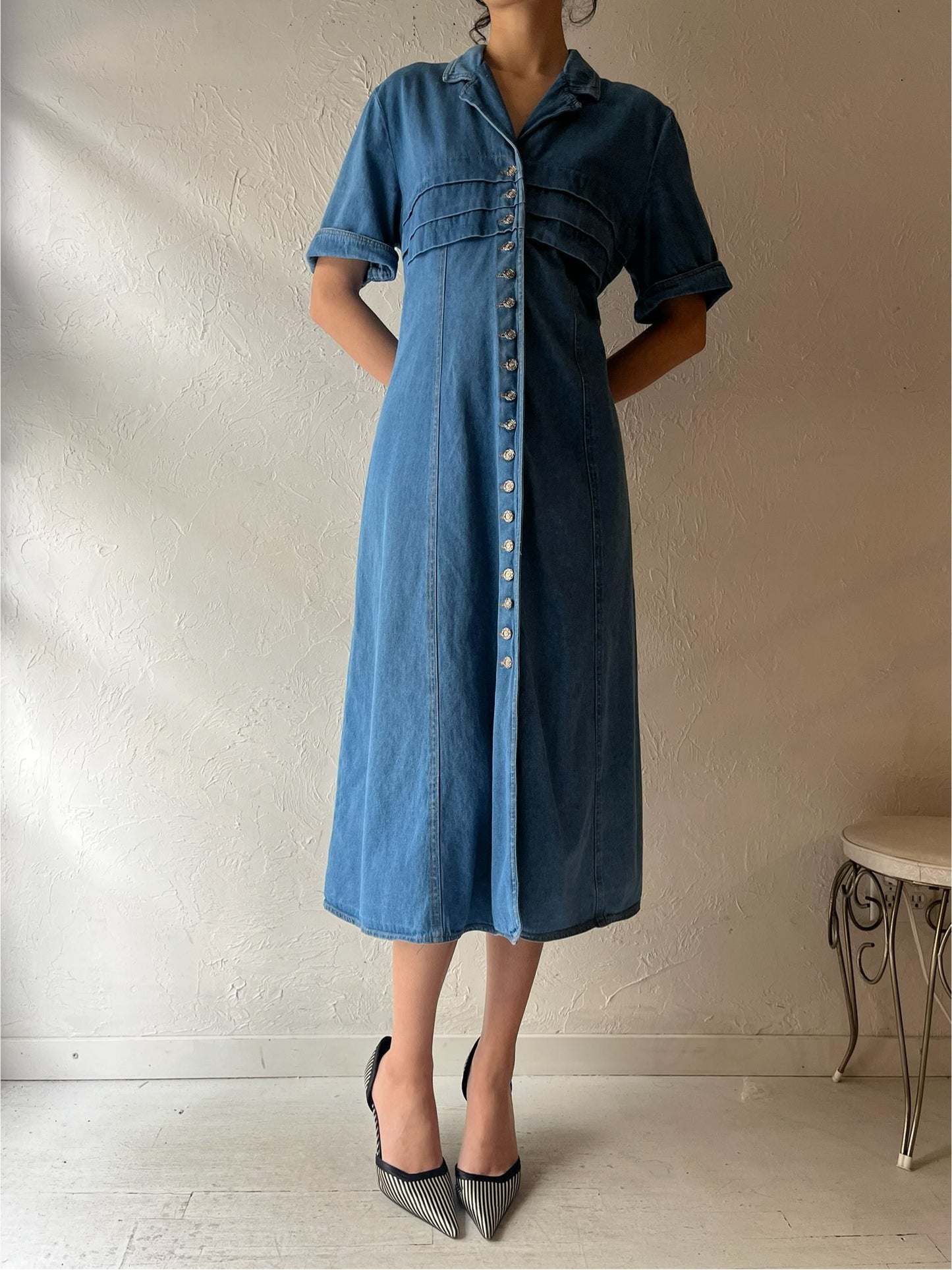 90s 'MHM' Button Up Denim Dress / Medium