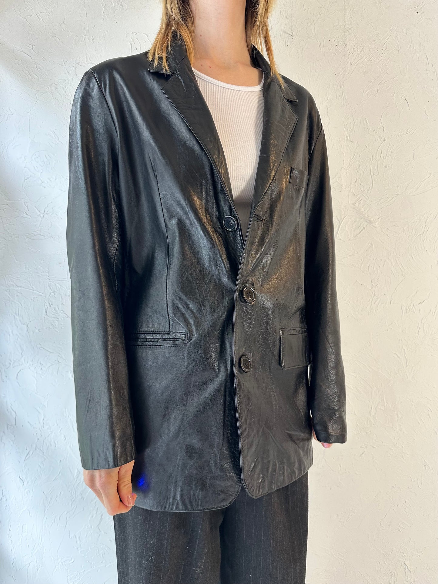 90s 'Real Leather' Oversized Leather Jacket / Medium