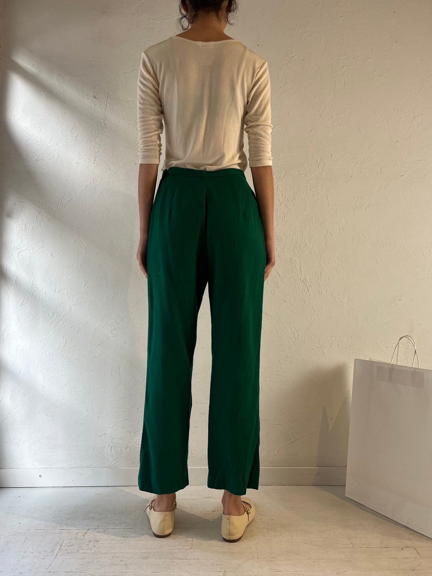 70s Green Wool High Waisted Trousers / Small