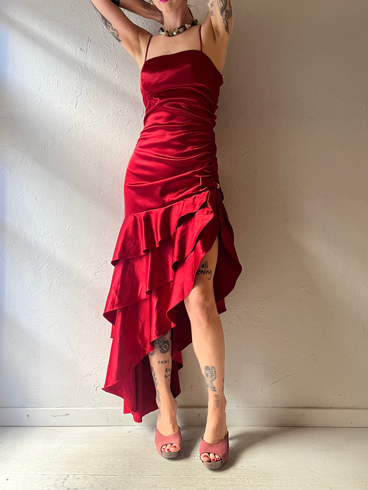 Y2K ‘Blondie Nites’ Red Satin Asymmetrical Ruffle Prom Formal Party Maxi Dress / Small