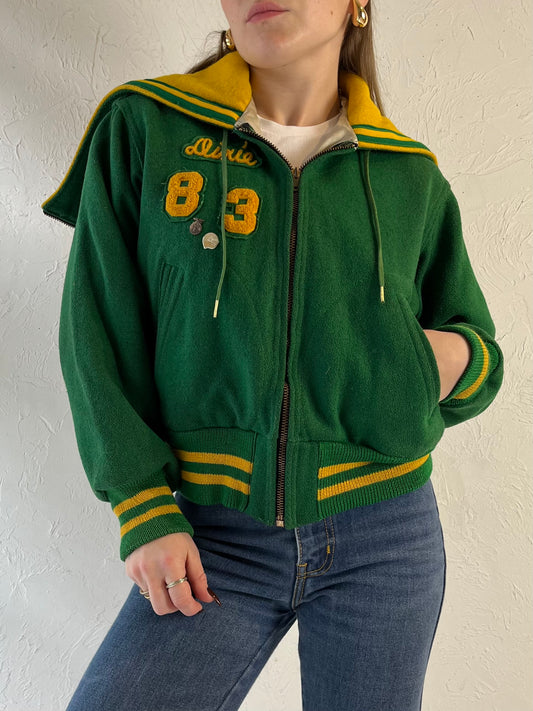 70s Youth Green Wool Varsity Jacket / Union Made / Small