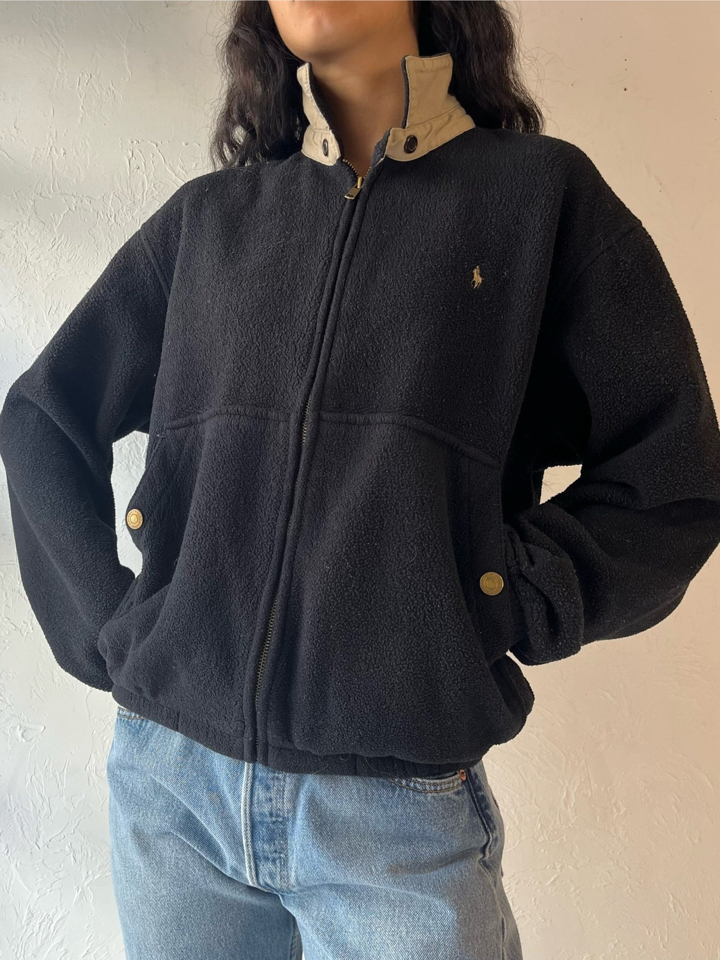 90s 'Ralph Lauren' Black Zip Up Fleece / Medium