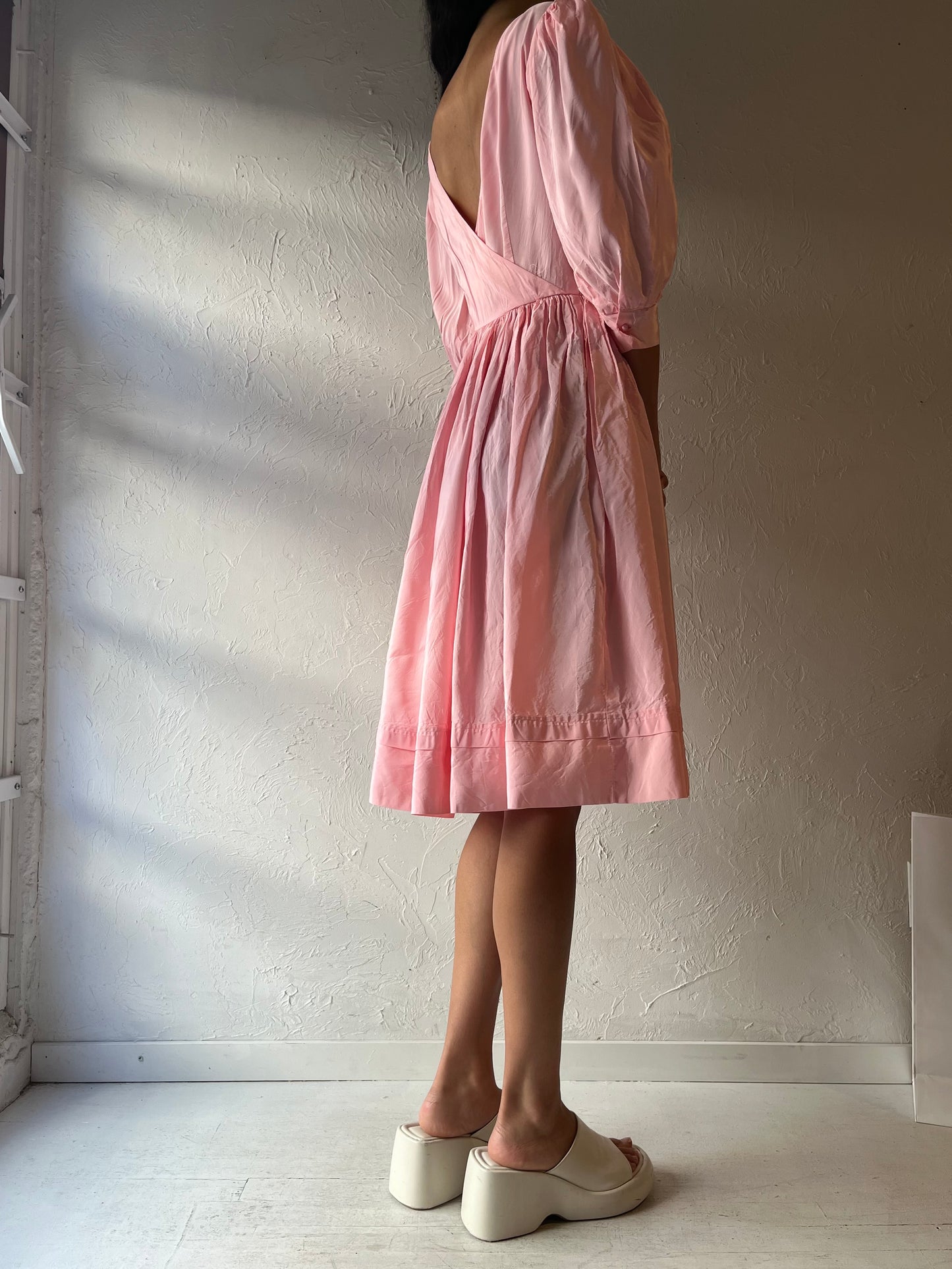 Vintage Handmade Pink Puff Sleeve Midi Dress / Small