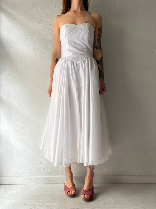 80s 'Marsi' White Strapless Sweetheart Drop Waist Bridal Wedding Prom Princess Midi Dress / Small