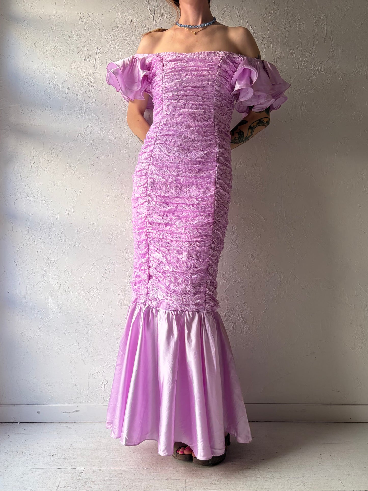 80s Purple Lace Ruffle Sleeve Mermaid Tail Formal Dress / Medium
