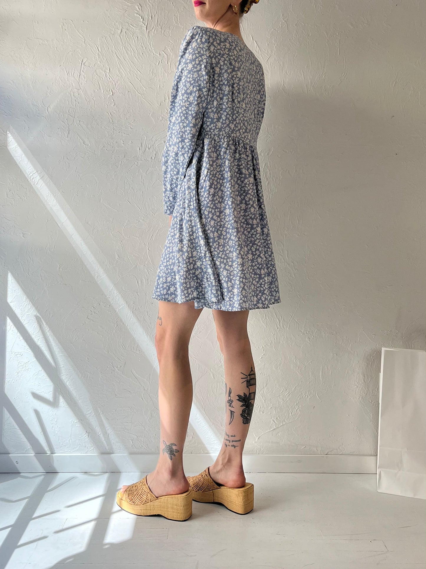 90s 'Designs' Blue Floral Print Rayon Mini Dress / Medium