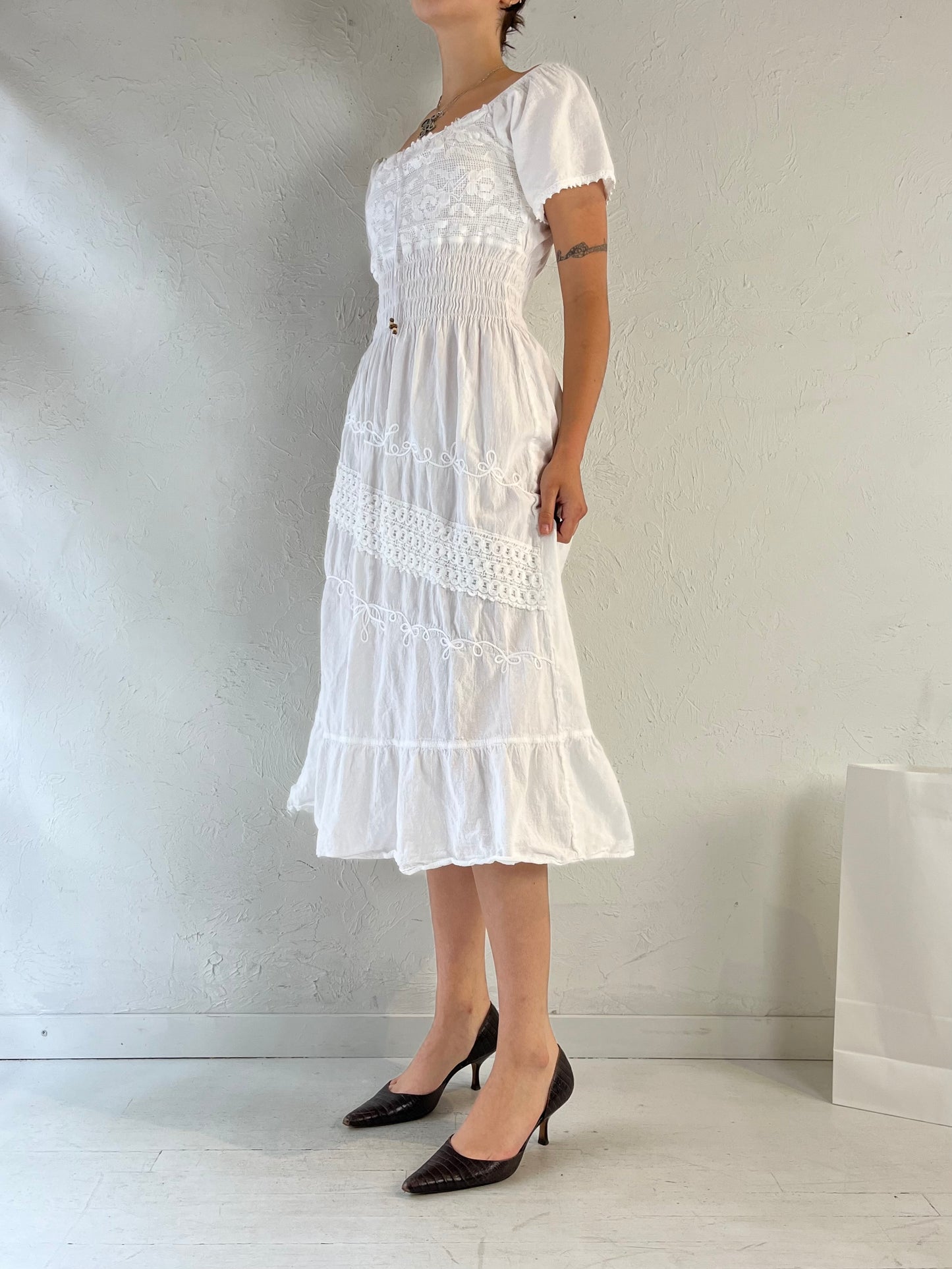 Vintage White Cotton Midi Dress / Small