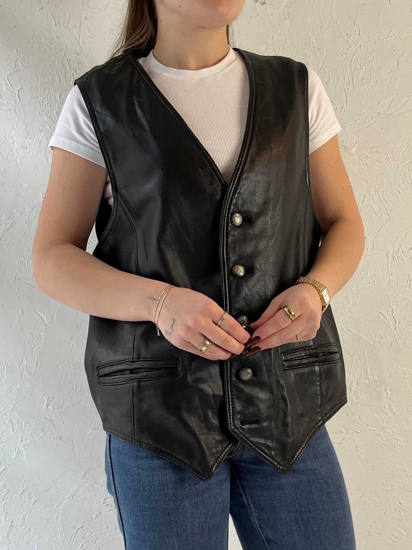 90s ‘Tannery West’ Black Western Leather Vest / Large