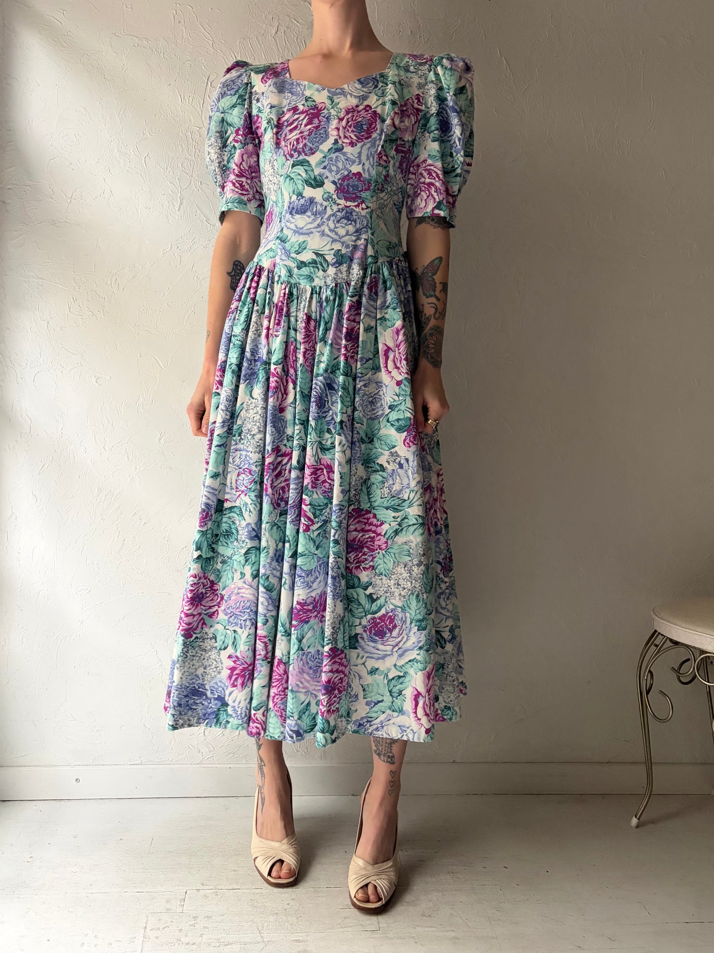 80s Handmade Floral Midi Dress / Small