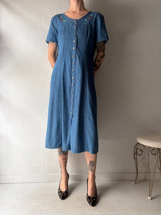 90s 'Fair Set' Embroidered Denim Dress / Medium