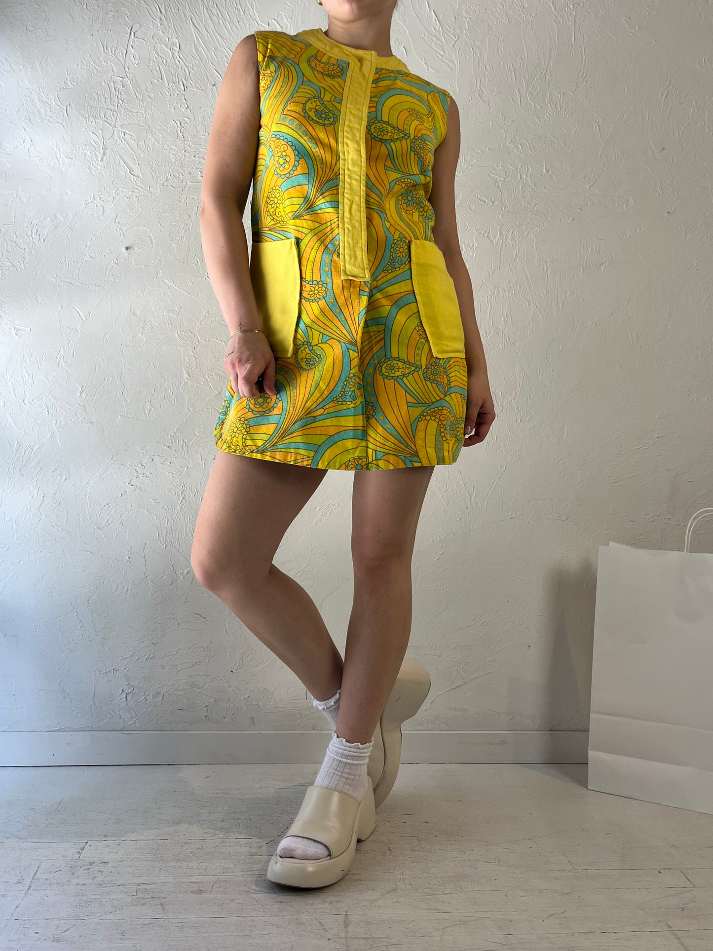 70s Handmade Yellow Paisley Micro Mini Dress / Small