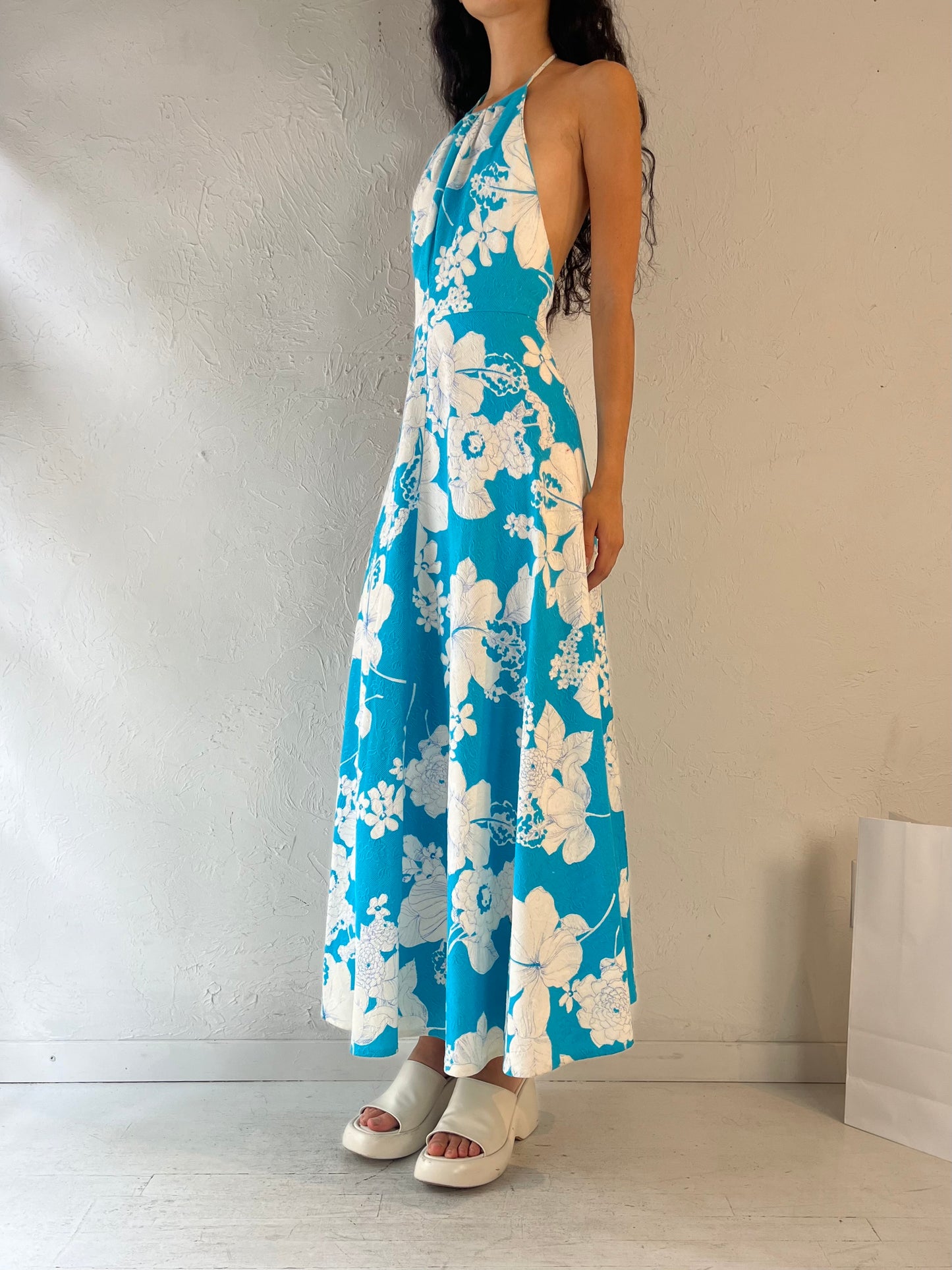 70s Handmade Blue Floral Halter Dress / Small