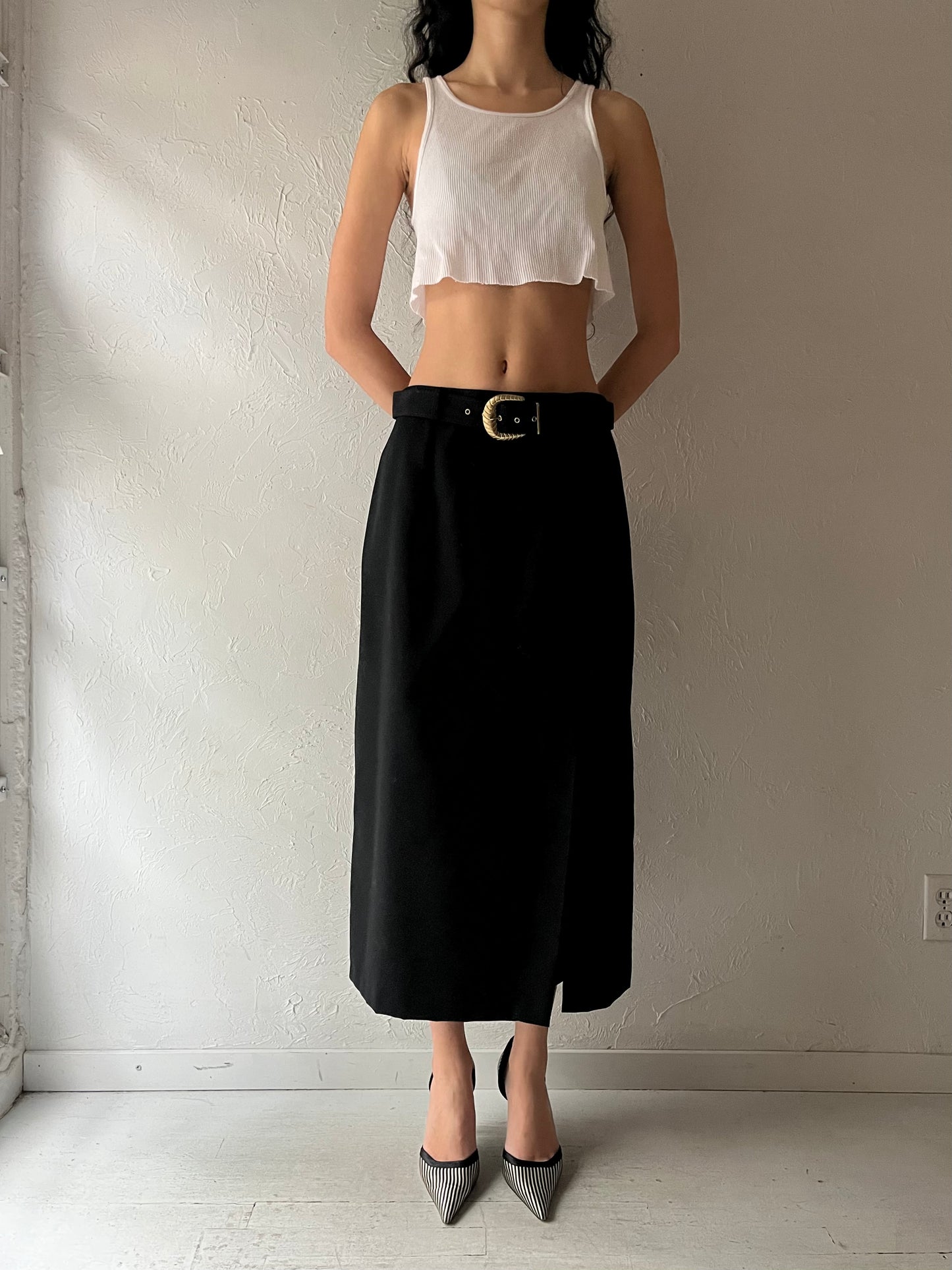 80s 'Two Roads' Black Pencil Skirt / Medium