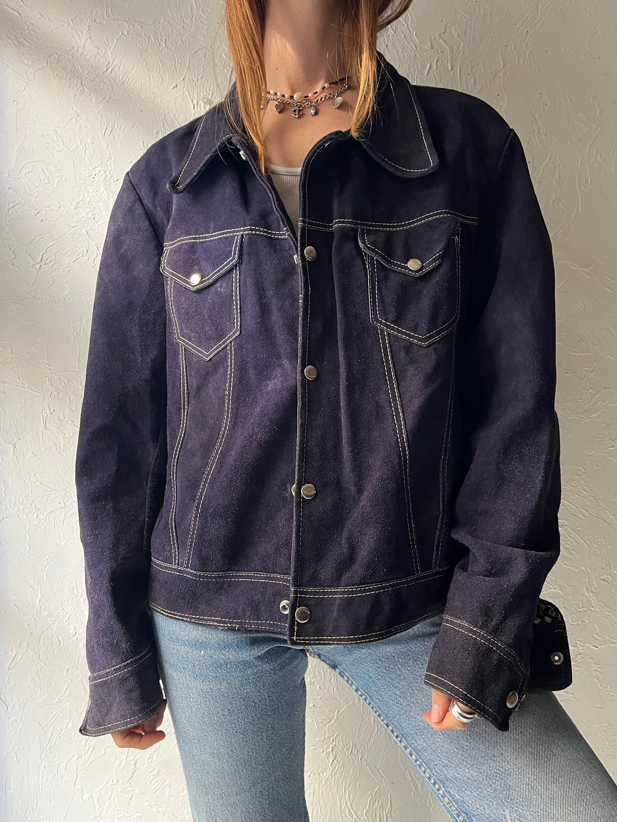 70s Vintage Navy Blue Suede Leather Trucker Jacket / Western Cowboy Contrast Stitch Utility Workwear Coat / Large