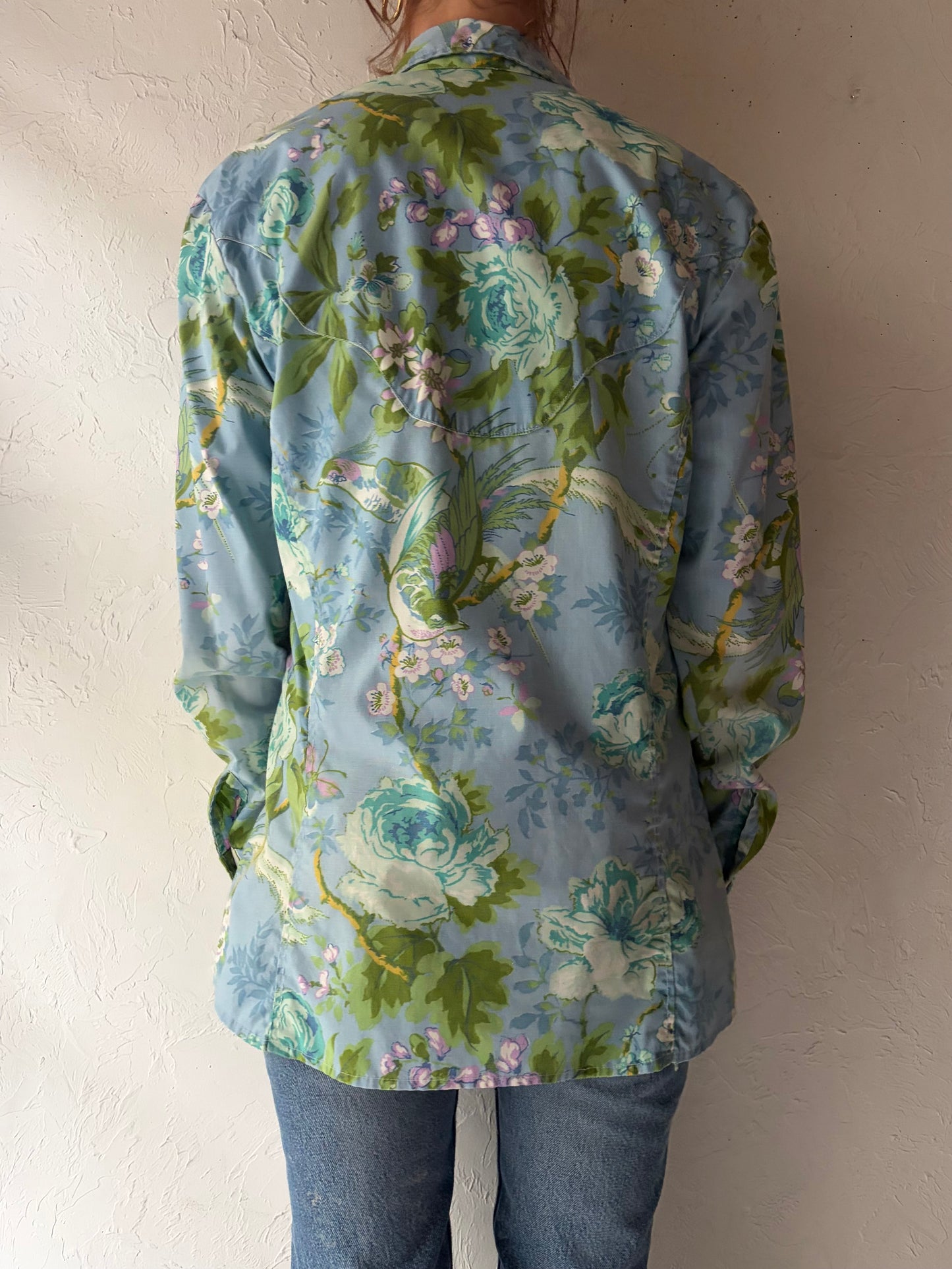 70s Vintage Floral Western Snap Up Shirt / Medium