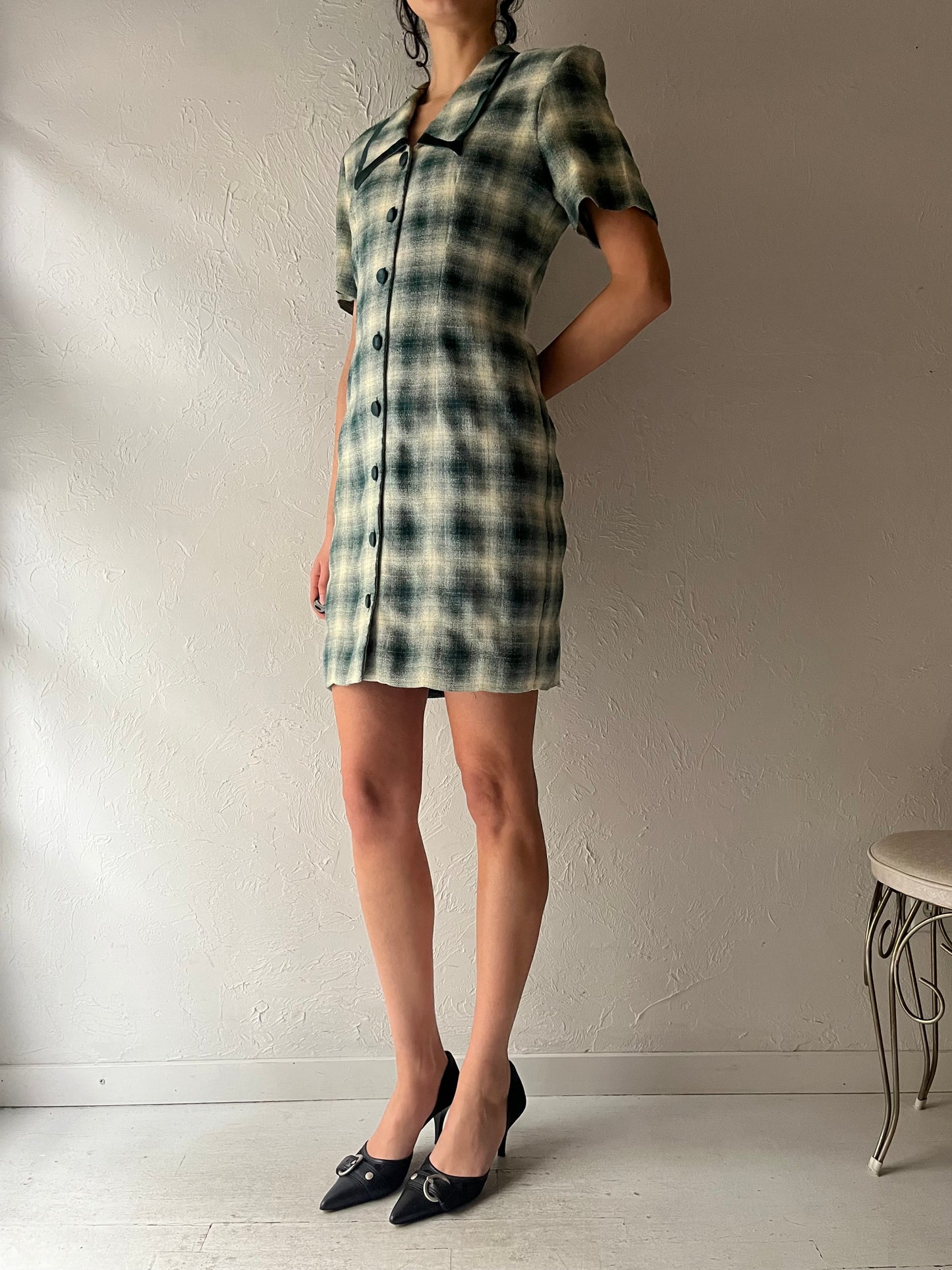 80s Green Button Up Mini Dress / Small