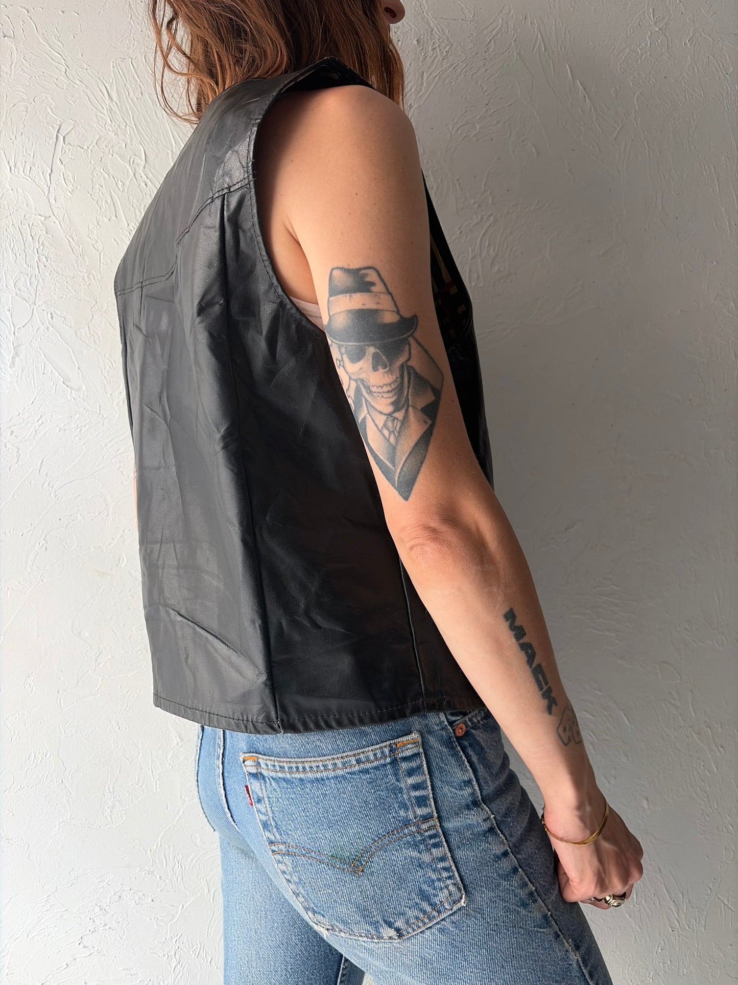 70s 'JO.O Kay' Black leather Grungecore Western Cowboy Vest / Large