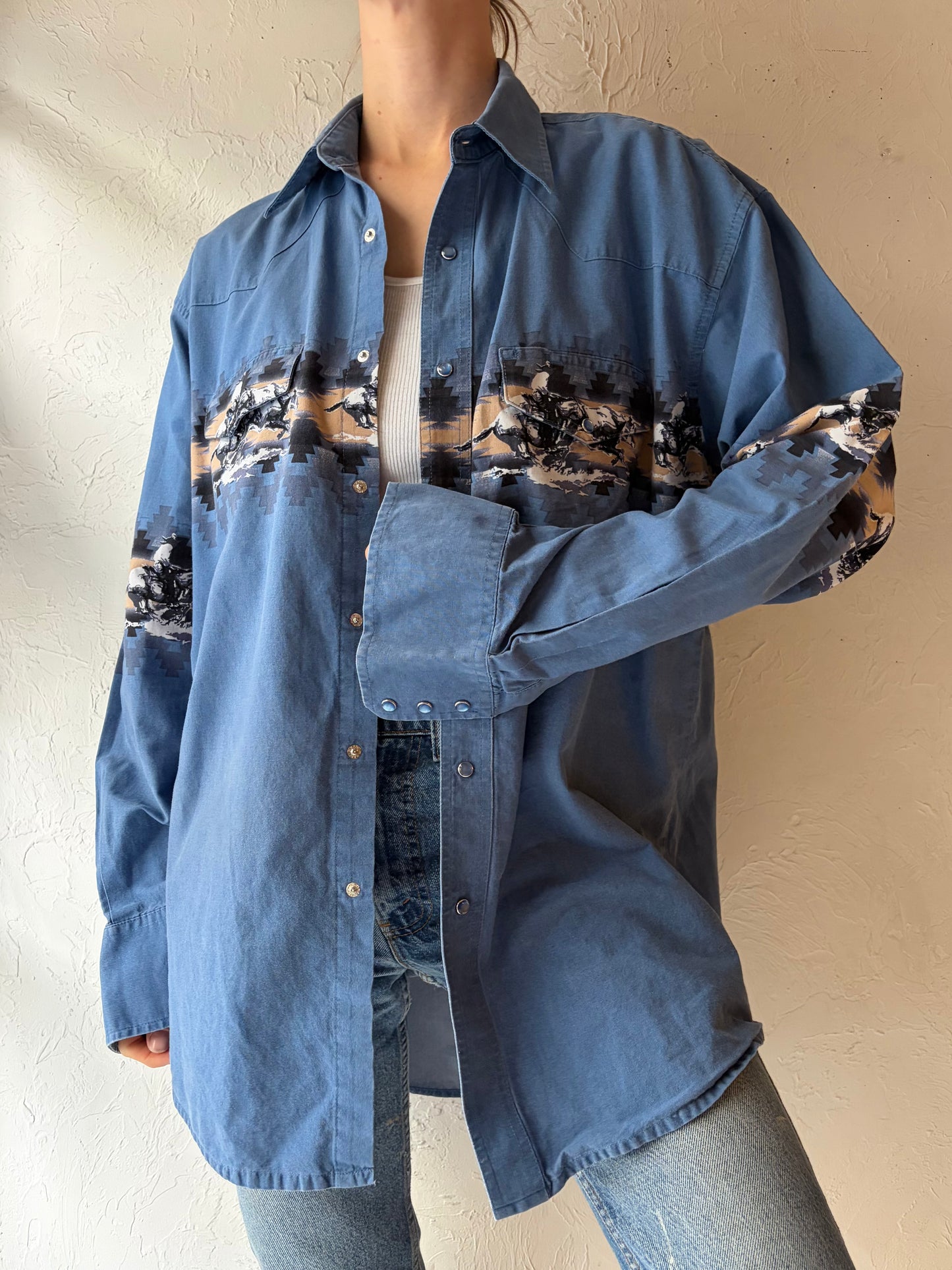 90s 'Wrangler' Blue Horse Print Western Snap Up Shirt / Vintage 1990s Cowboy Work Wear Shirt / Large