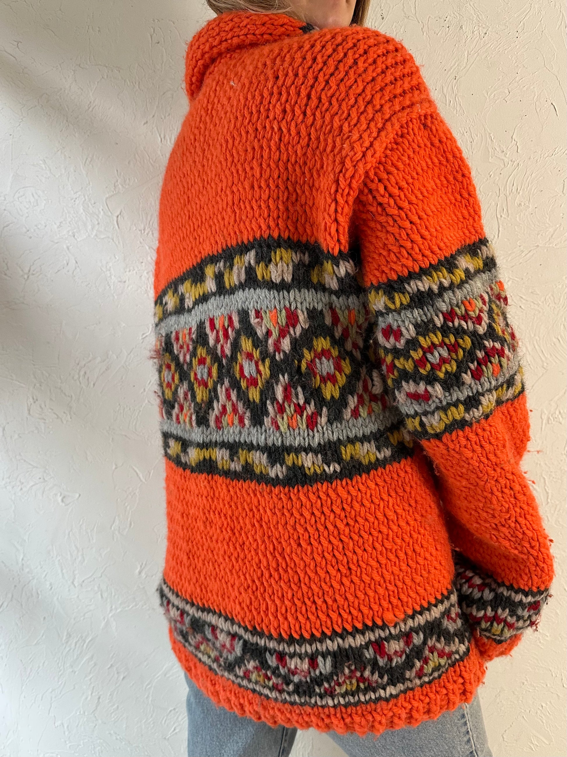 Vintage Hand Knit Orange Sweater / Large