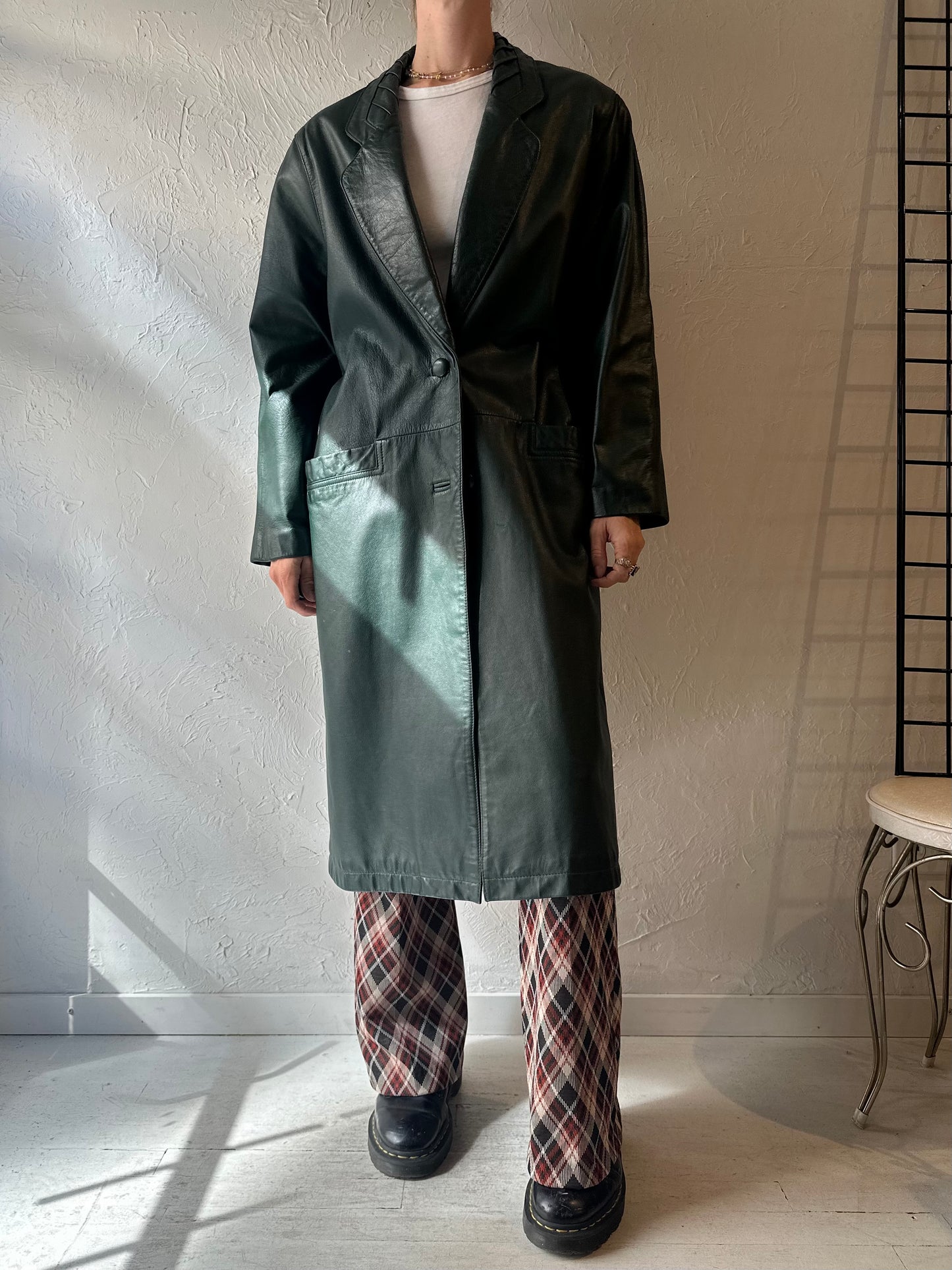 90s 'Charles Klein' Green Leather Coat / Medium