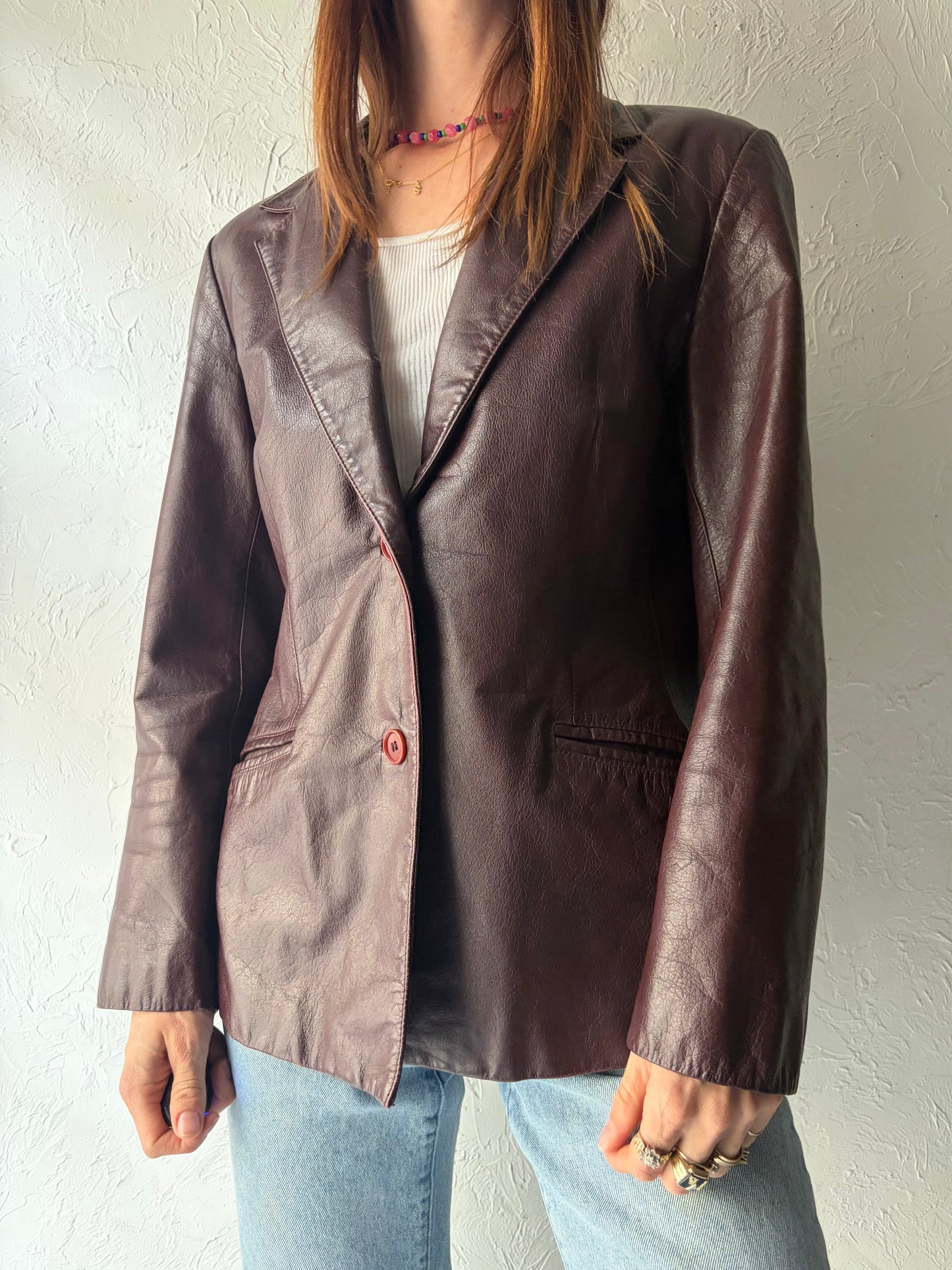 90s 'Danier' Burgundy Leather Minimalist Blazer Jacket / Vintage 1990s Classic Jacket / Small