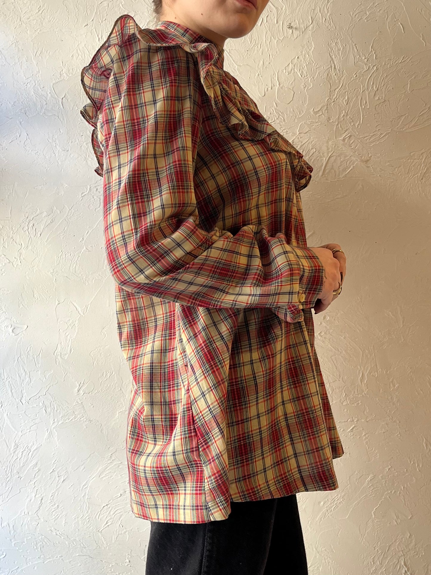 70s ‘Andra Inc’ Plaid Western Ruffle Blouse / Medim