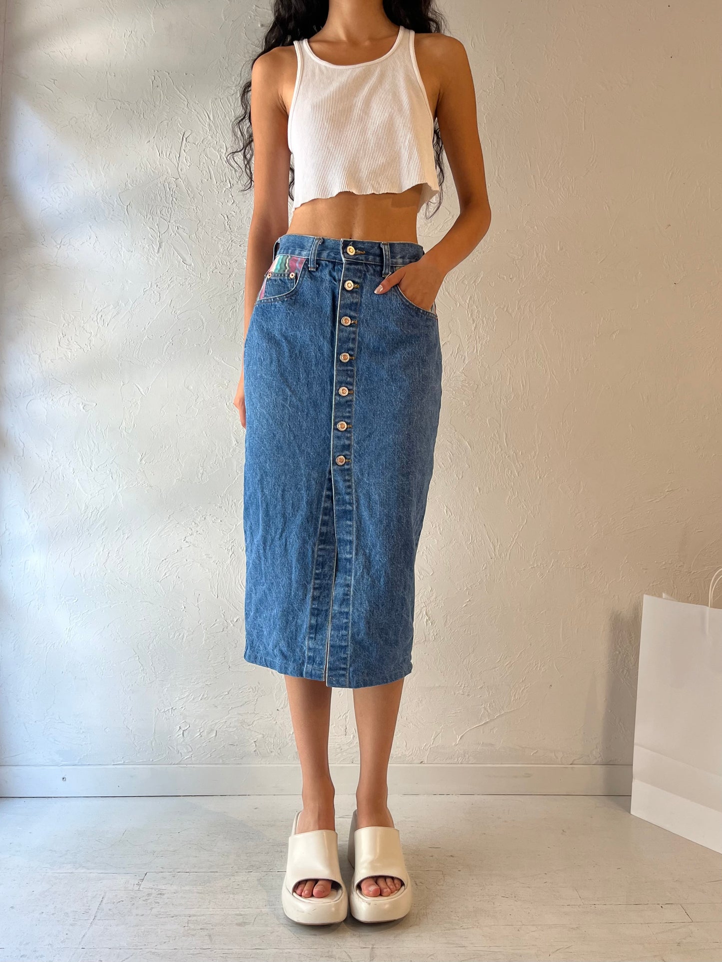 90s 'Steel' Denim Pencil Skirt / Small